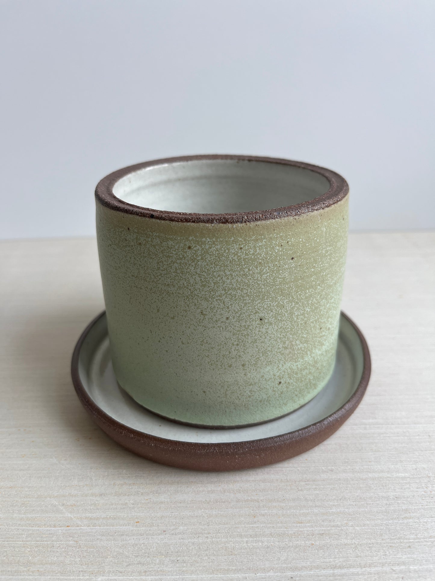 Green, white & brown planter with a plate